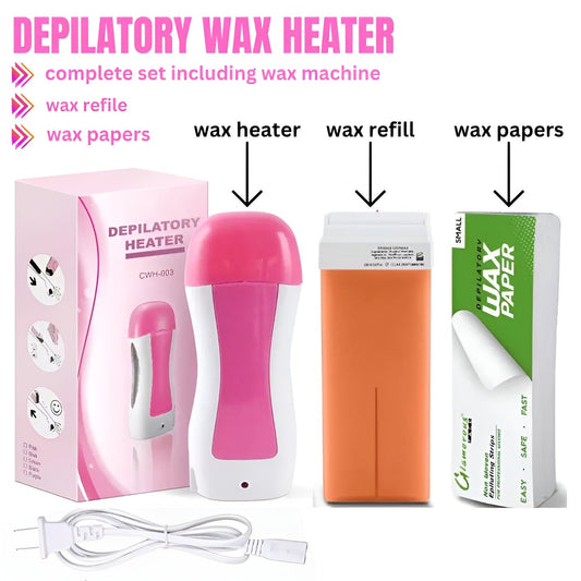 3 In 1 Depilatory Wax Heater Machine With Roll On Wax Refill And Waxing Strips For Body And Face Hair Removal (random Color)